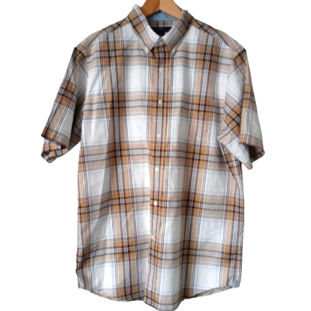 CREMIEUX COLLECTION MEN SHORT SLEEVE PLAID SHIRT.SIZE L. COLOR WHITE, TAN.